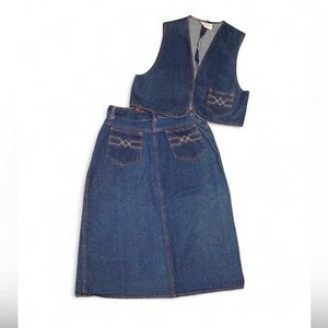 Denim 70’s Two-Piece Skirt & Vest Set - Dark Blue W/ Orange stitching Retro